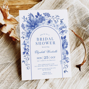 Arched Blue White Blommigt Chinoiserie Möhippa Inbjudningar
