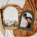 Arched Boho Watercolor Mountain bröllopsinbjudan Inbjudningar<br><div class="desc">Det här är en bergsbröllopsinbjudan med en vacker vattenfärgsbergscen och en elegantens teckensnittskoppling. Redigera alla formuleringar och all färger utom färg på vattenfärgsbergsscenen. Färg på den gröna droppen är inte redigerbar. // För matchande artiklar, gå till "SAWYER"-samlingen i Nicole Zazzle-butiken med vänlig hälsning. * Om du tycker om den här...</div>