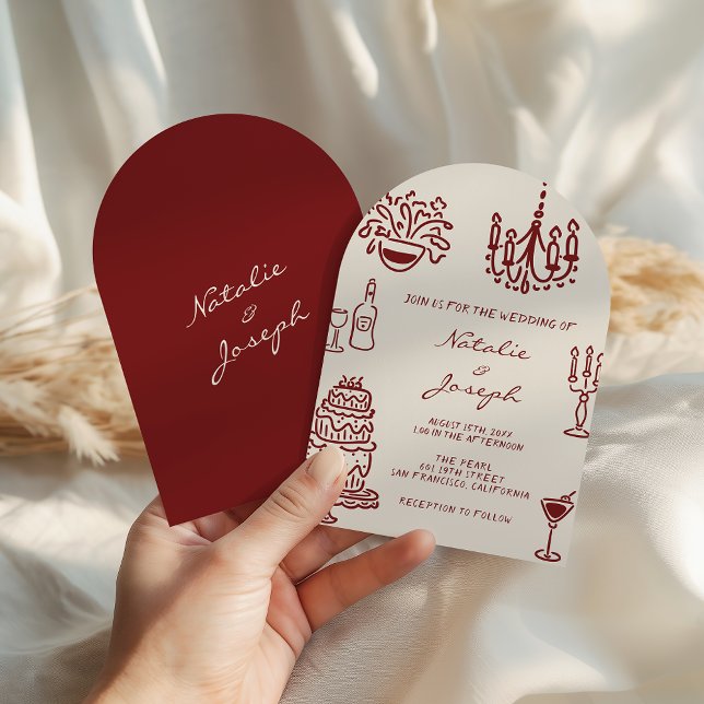 Arched Drawn Burgundy Romantic Whimsical Wedding Inbjudningar (Skapare uppladdad)