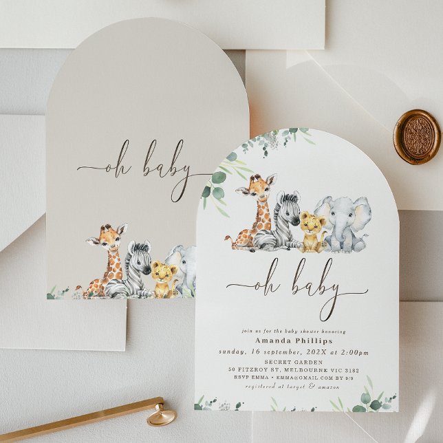 Arched Modern Foliage Safari Baby Shower Inbjudningar (Safari Baby Shower Invitation Arched Gender Neutral Modern Safari Animals Baby Shower Invite Foliage)