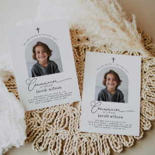 Arched Photo First Communion Boy-inbjudan Inbjudningar