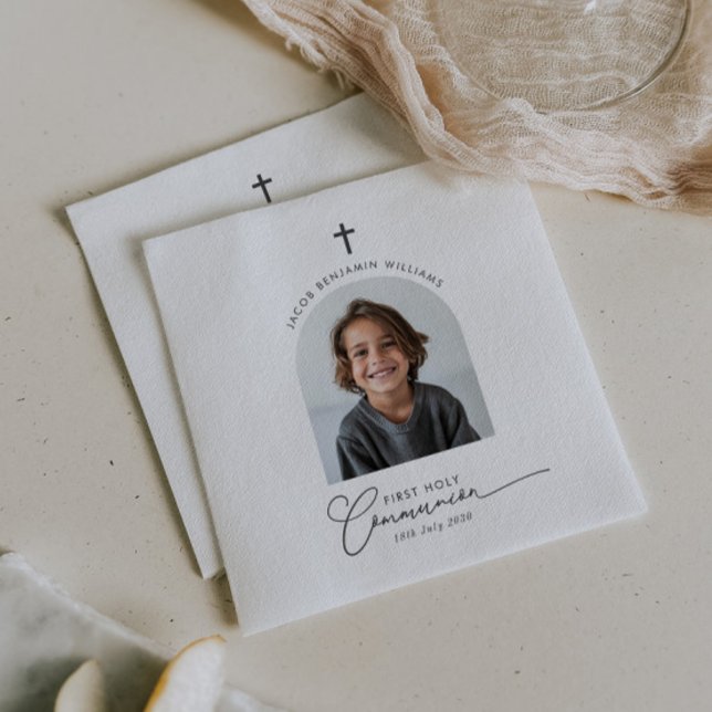 Arched Photo First Communion Boy Pappersservett (Zazzle Arched Photo First Communion Boy Napkins)