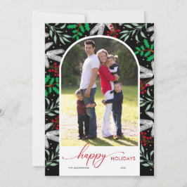 Arched Photo Greenery Black Glad helg Card Julkort