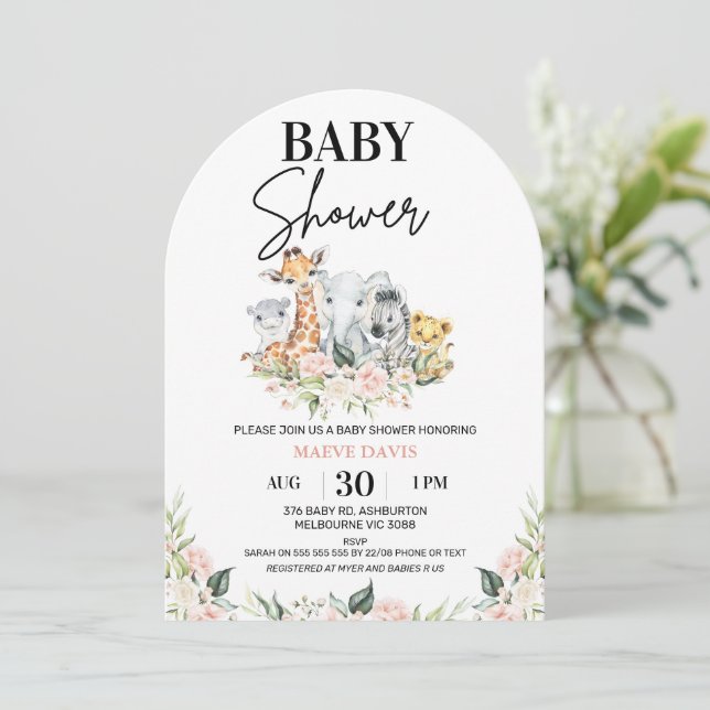 Arched Rosa Blommigt Safari Animals Baby Shower Inbjudningar (Stående Fram)