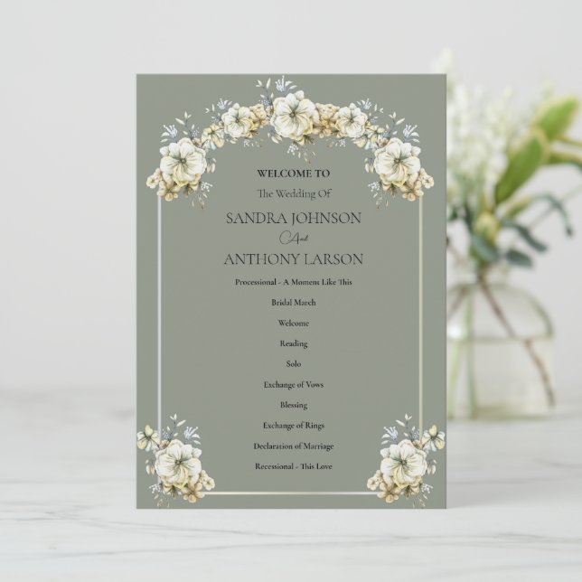 Arched Sage Green Floral Wedding Program (Stående Fram)