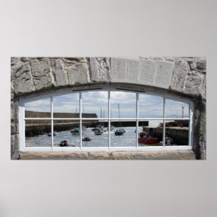 Arched Window med 'Fake View' of Fishing Boats Poster