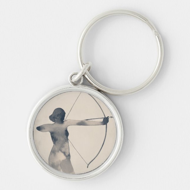 Archeress Watercolor Silhouette Rund Silverfärgad Nyckelring (Framsidan)