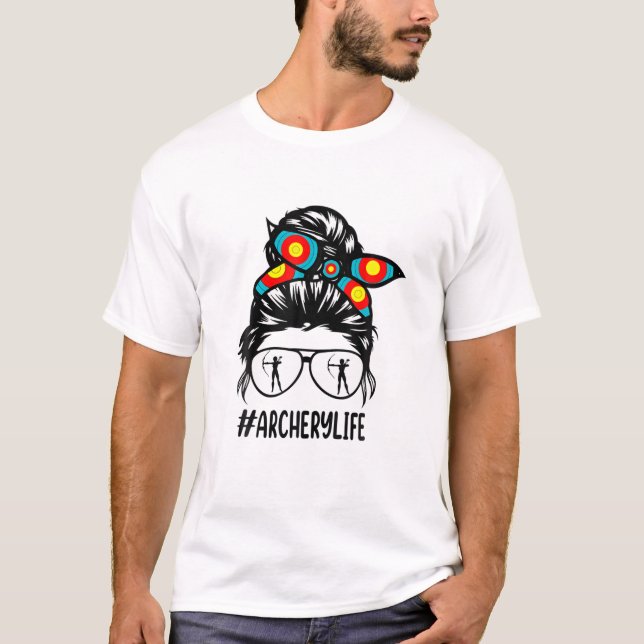 Archery Life Messy Bun Hair Glasses T Shirt (Framsida)