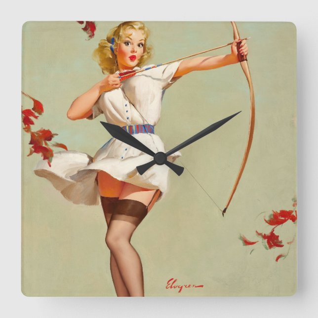 Archery Pin-Up Girl Fyrkantig Klocka (Framsida)