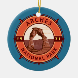 Arches National Park Retro Compass Emblem Julgransprydnad Keramik