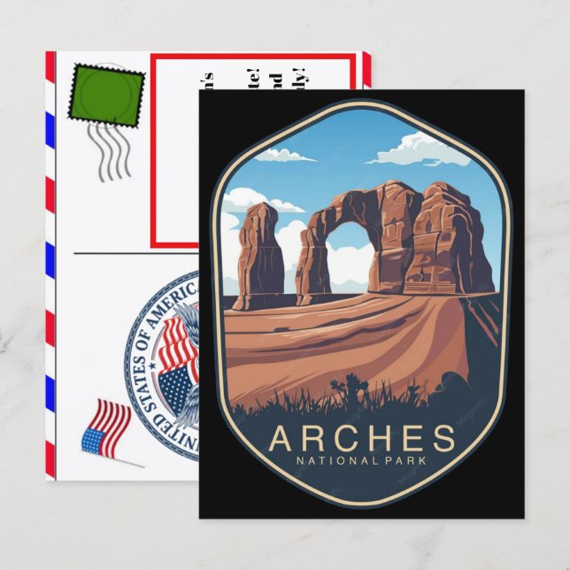 Arches nationalpark logoläpp emblem design vekt helg vykort (Fram/baksida)