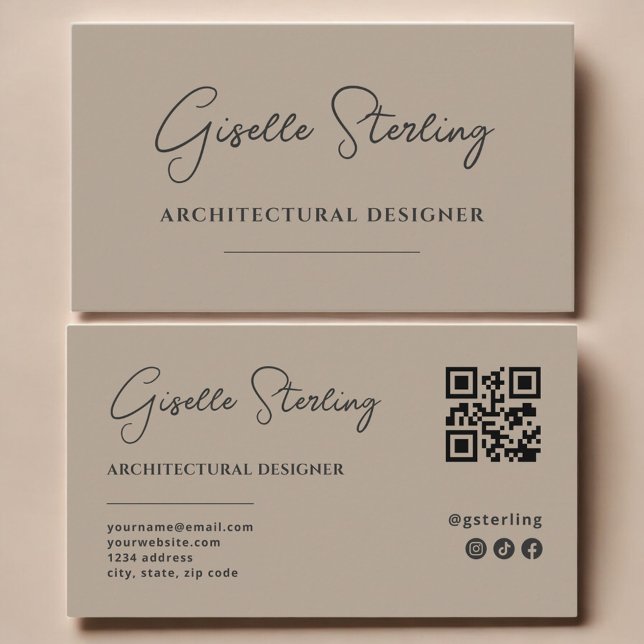 Architectura Designer Neutral Taupe Script QR Code Visitkort (Skapare uppladdad)