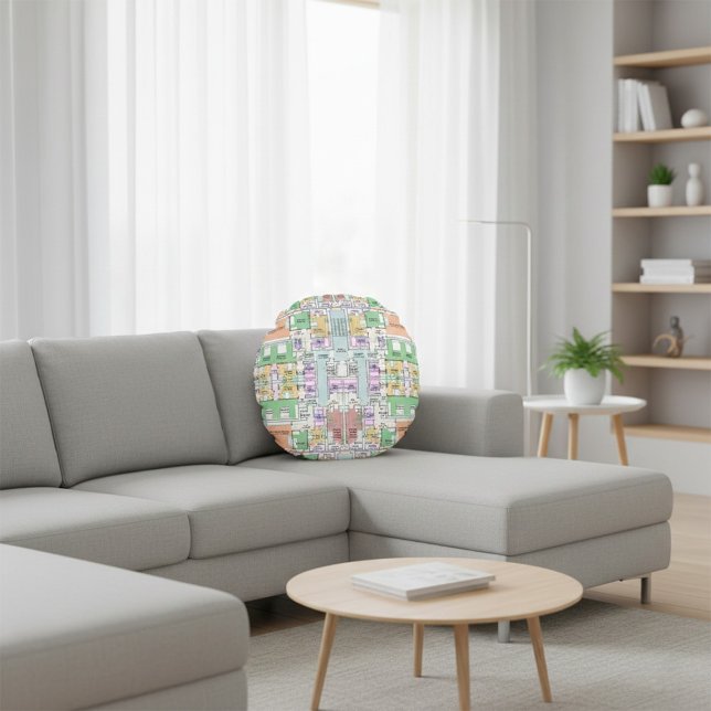 Architectural Blueprint Pattern Throw Pillow Rund Kudde (Skapare uppladdad)