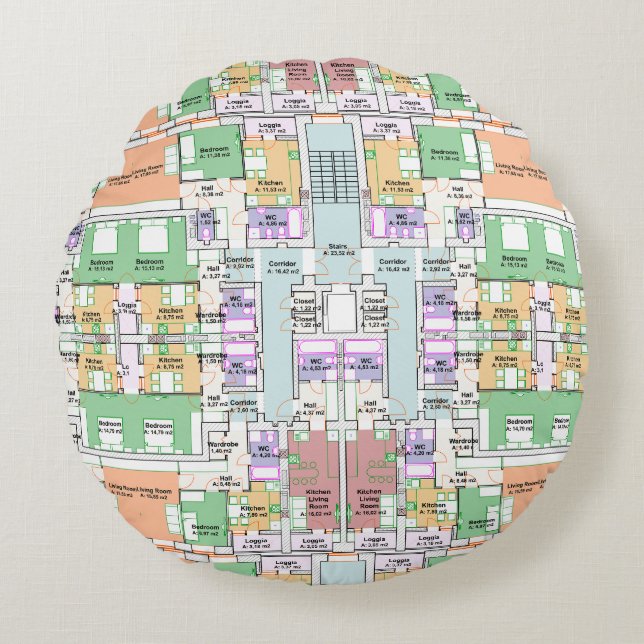 Architectural Blueprint Pattern Throw Pillow Rund Kudde (Framsidan)