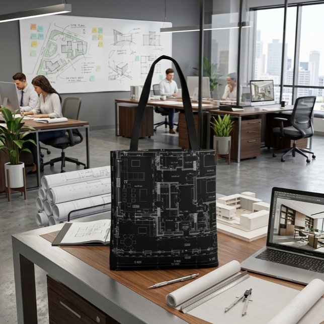 Architectural Blueprint Pattern Tote Bag Tygkasse (Skapare uppladdad)