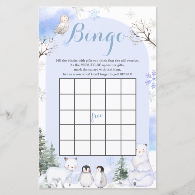 ARCTIC ANIMAL Snöflingor Baby Shower Bingo (Framsida)