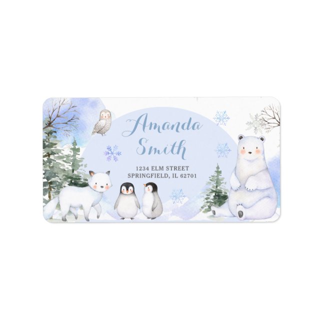 ARCTIC ANIMAL Snöflingor Träd Baby Shower Adress Adressetikett (Framsidan)