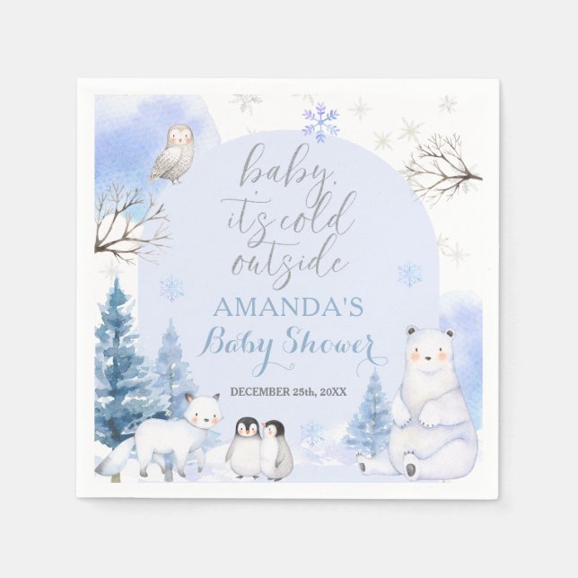 ARCTIC ANIMAL Snöflingor Träd Baby Shower Papper Pappersservett (Framsidan)