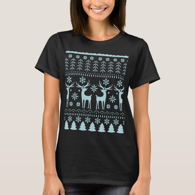 Arctic Blue Folk Art Winter Theme T Shirt (Framsida)