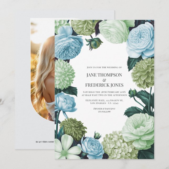 Arctic Blue, Frosted Pine & Cloud Moss Wedding Inbjudningar (Fram/baksida)