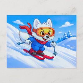 Arctic Fox Skiing Down a Snowy Mountain Vykort