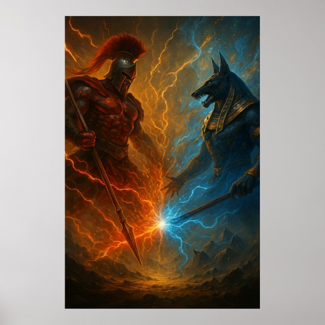 Ares vs Anubis — Epic Mythology Battle Art Poster (Framsidan)