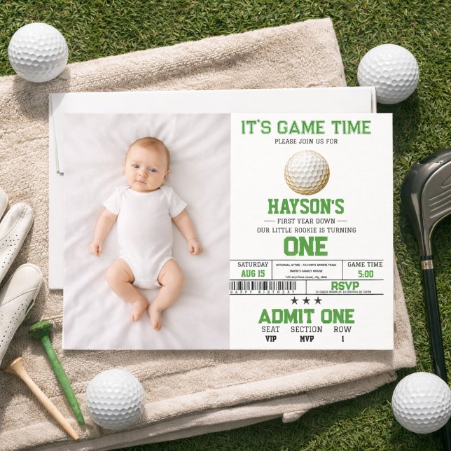 Året är slut, golftiden är här! Första födelsedags Inbjudningar (Year Down, Golf On! 1st Birthday Party Photo Invitation)