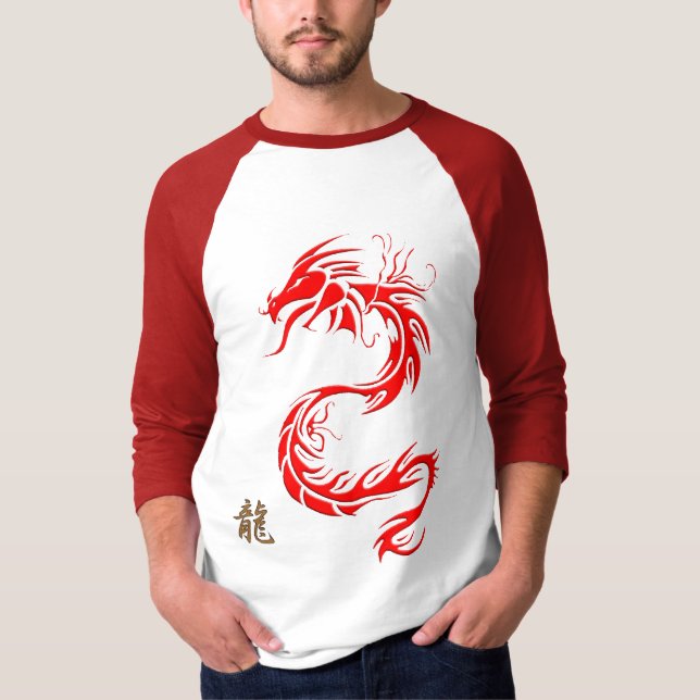 Året för "DRAGON" kinesiska Röda draken & Kanji T-shirt (Framsida)