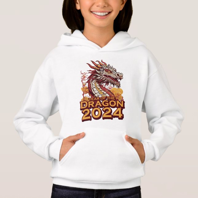 Året för draken 2024, flickans vita Hoody, Dragon T Shirt (Framsida)