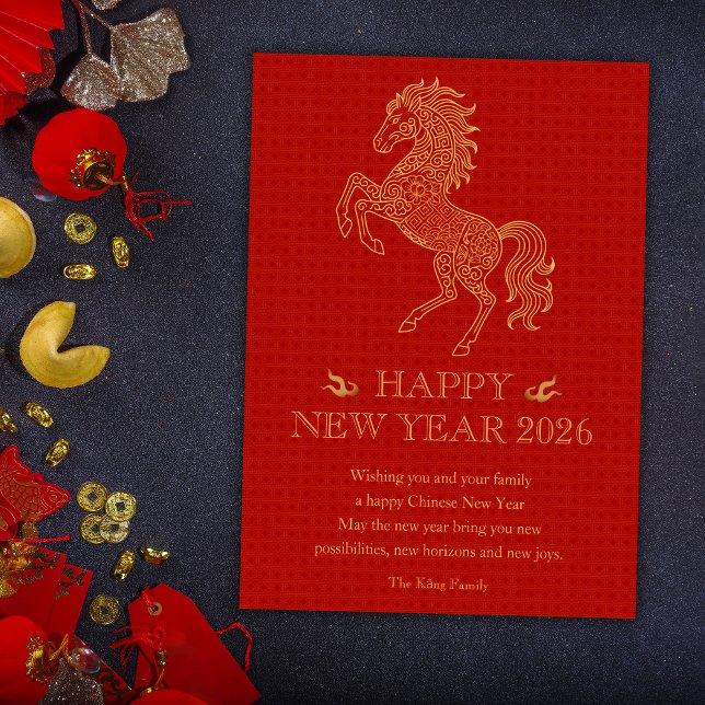 Året för rödkinesiska hästen 2026 julkort (Year Of The Horse Red Chinese New Year 2026 Holiday Card)