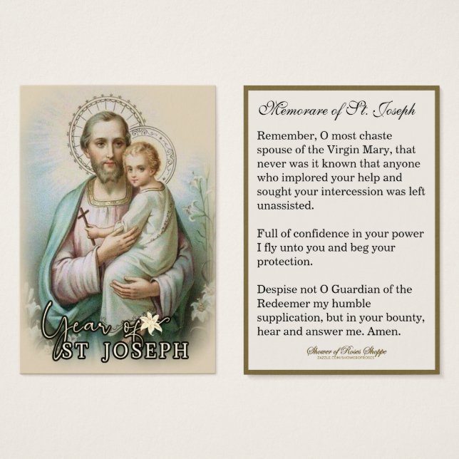 Året för St. Joseph Memorare Prayer-katolska Visitkort (Framsida & baksida)