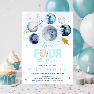 Årets fyra födelsedag i Stars Blue Space Birthday Inbjudningar