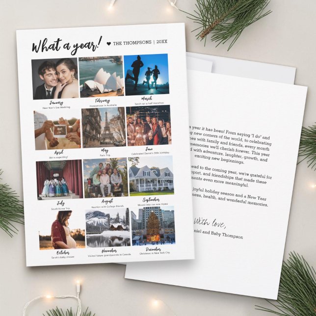 Årets höjdpunkter i 12 månaders bilder julkort (What a year! minimalist photo collage 12 month photos year in review christmas holiday card template)