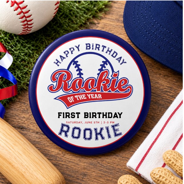Årets nykomling 1-års födelsedagsbaseboll knapp (Rookie of the Year 1st birthday baseball Button)