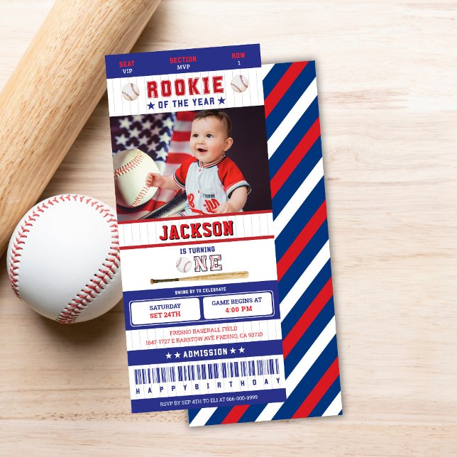 Årets nykomling baseball 1-års födelsedagsbiljett inbjudningar (rookie of the year 1st birthday party ticket invitation)