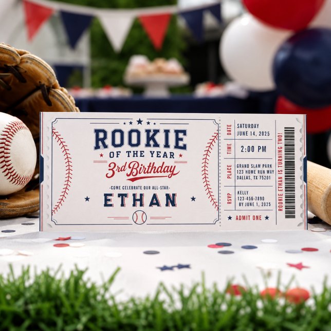Årets nykomling Baseball 3-års födelsedagsbiljett Inbjudningar (Rookie of the Year Baseball 3rd Birthday ticket Invitation
)