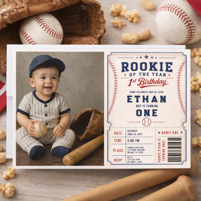 Årets nykomling baseballbiljett 1-årsdag inbjudningar (Rookie of the Year Baseball Ticket 1st Birthday Invitation)
