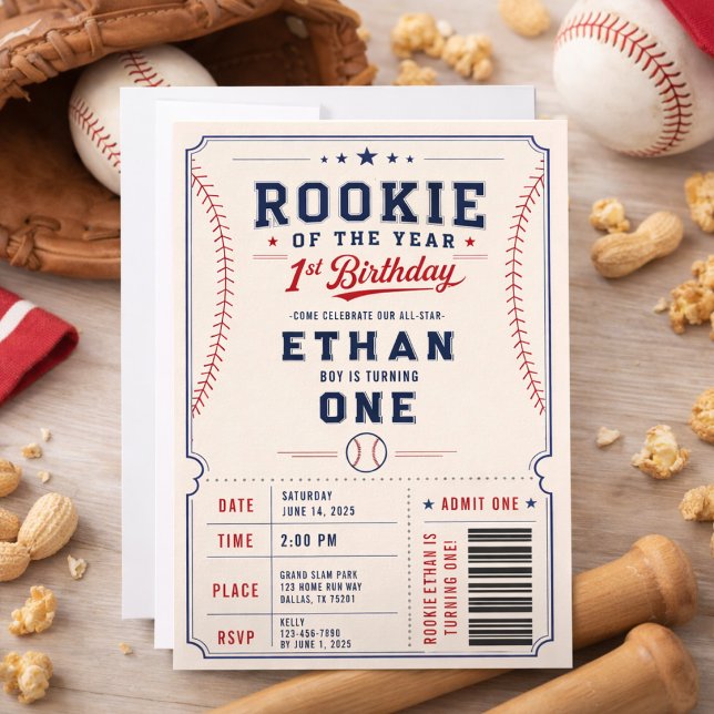 Årets nykomling baseballbiljett 1-årsdag inbjudningar (Rookie of the Year Baseball Ticket 1st Birthday Invitation)