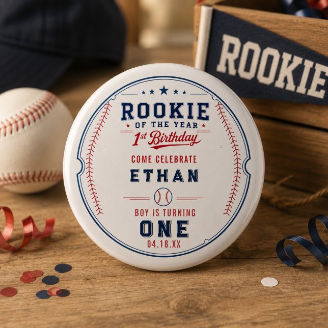 Årets nykomling baseballbiljett 1-årsdag knapp (Rookie of the Year Baseball Ticket 1st Birthday Button)