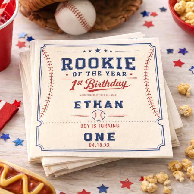 Årets nykomling baseballbiljett 1-årsdag pappersservett (Rookie of the Year Baseball Ticket 1st Birthday Napkins)