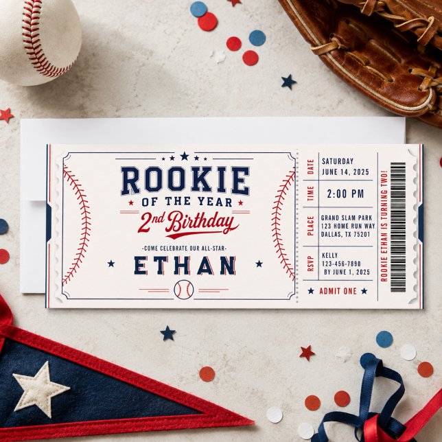 Årets nykomling baseballbiljett 2-års födelsedag inbjudningar (Rookie of the Year Baseball ticket 2nd Birthday Invitation
)