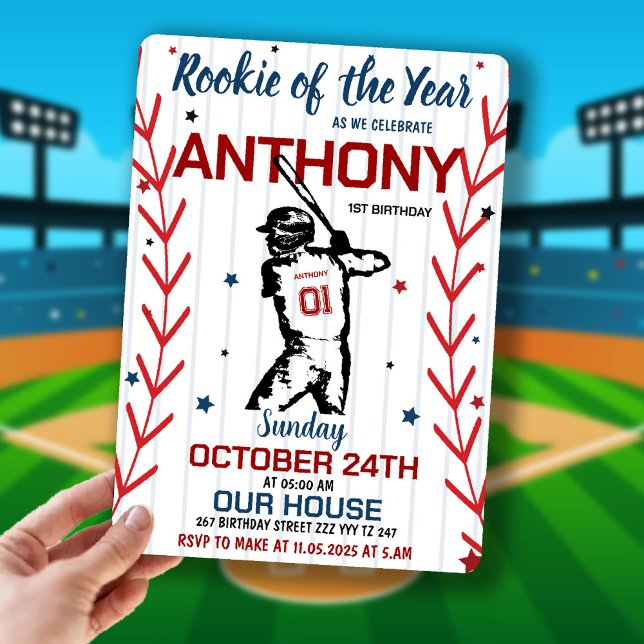 Årets nykomling | Baseboll 1-års födelsedagsfest Inbjudningar (Rookie Of The Year | Baseball 1ST Birthday Party Invitation)