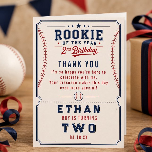 Årets nykomling baseboll 2-års födelsedag barn tack kort (Rookie of the Year Baseball 2nd Birthday Kids Thank You Card
)