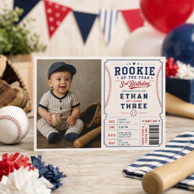Årets nykomling baseboll 3-års födelsedagsfest  inbjudningar (Rookie of the Year Baseball 3rd Birthday Party Invitation
)