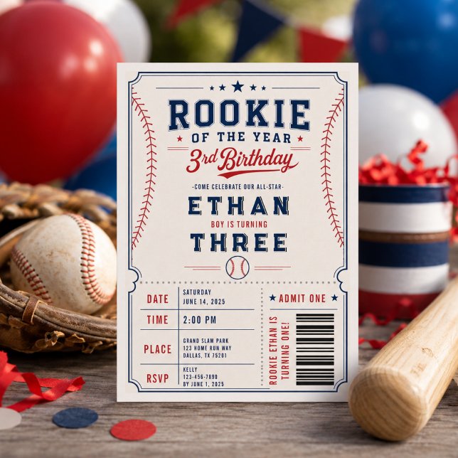 Årets nykomling baseboll 3-års födelsedagsfest inbjudningar (Rookie of the Year Baseball 3rd Birthday Party Invitation
)