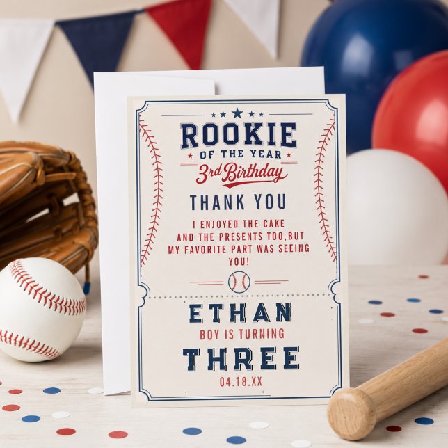 Årets nykomling baseboll 3-års födelsedagsfest tack kort (Rookie of the Year Baseball 3rd Birthday Party Thank You Card
)