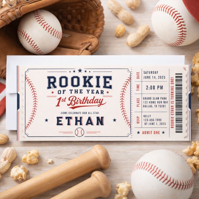 Årets nykomling baseboll foto  1-årsdag inbjudningar (Rookie of the Year Baseball Ticket 1st Birthday Invitation)