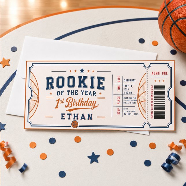 Årets nykomling basketbiljett  1-årsdag inbjudningar (Rookie of the Year Basketball Ticket 1st Birthday Invitation
)