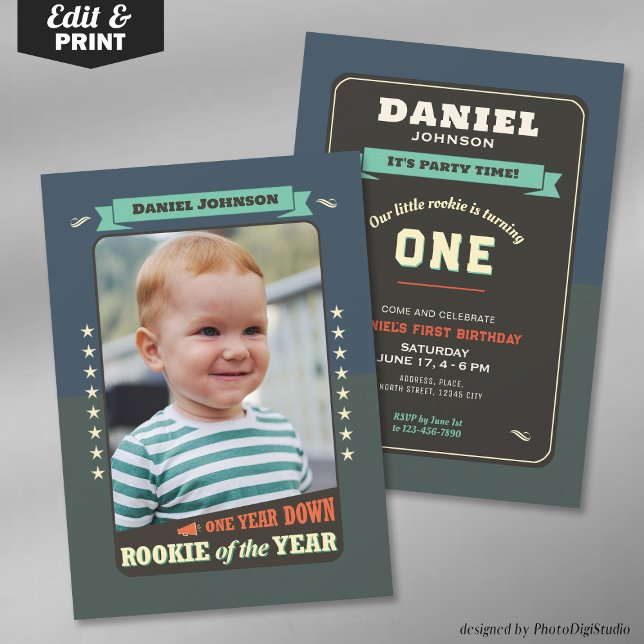 Årets nykomling Första födelsedagsfest inbjudan (Editable Rookie of the Year 1st Birthday Party Invitation trading Card)