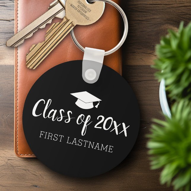 Årets och Namnens Studentmössa - Svart Nyckelring (Personalized Keychain - Graduation Party Favor)